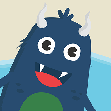 a blue furry creature with a green stomach, white horns, and smile