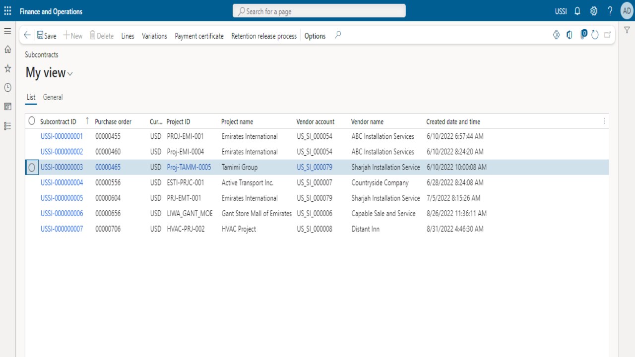 Snapshot 1 of iSubcon - Intertec Subcontract for Projects on Dynamics 365 Finance and Operations
