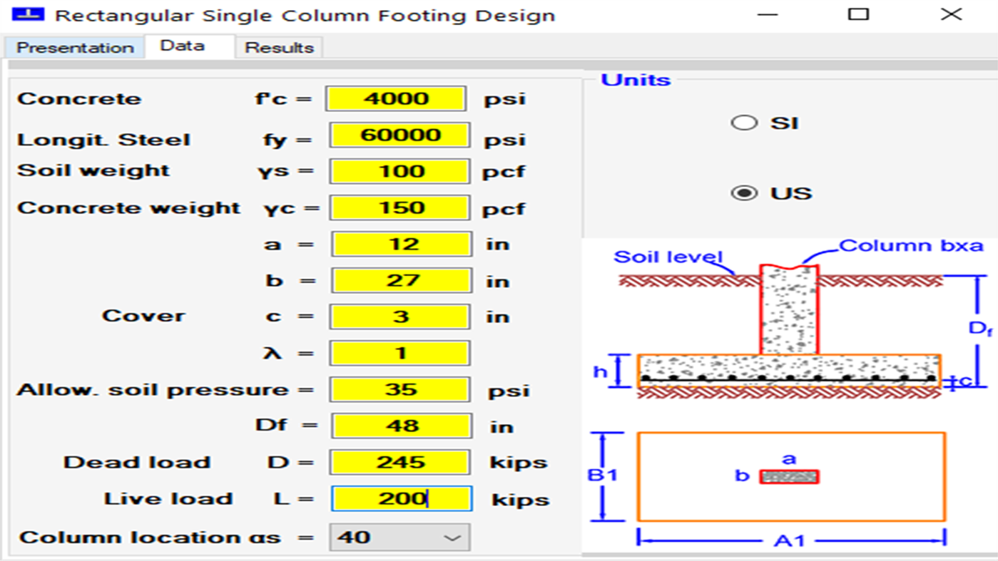#4. Rectangular Concrete Footings For Axial Loads (ACI318-19) (Windows) Door: BSAIBES Engineering