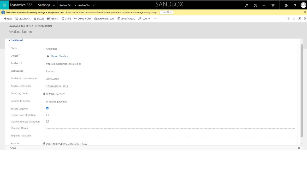 Snapshot 2 of Avalara for Dynamics 365 Project Operations