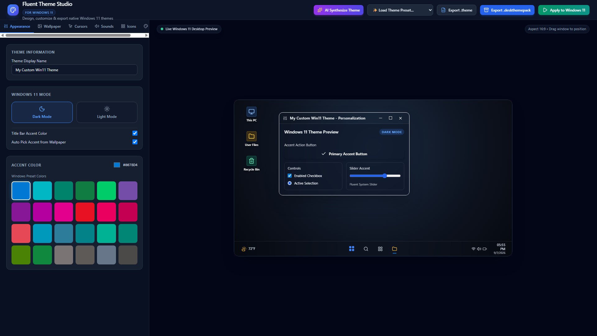 Fluent Theme Studio for Windows 11 screenshot