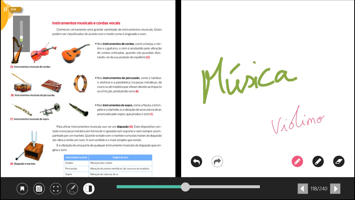 Visualizador de livros com painel de rascunho
