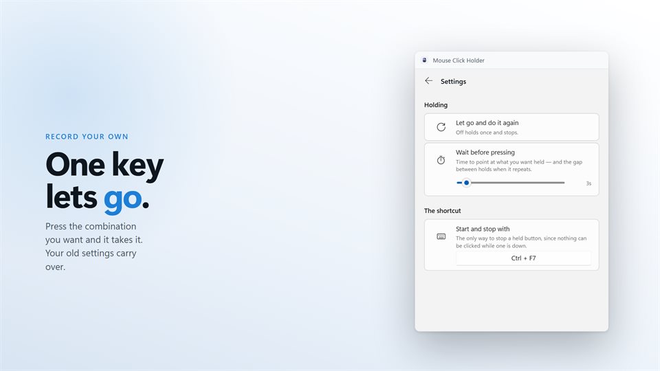 The settings page with repeat, start delay and the shortcut recorder