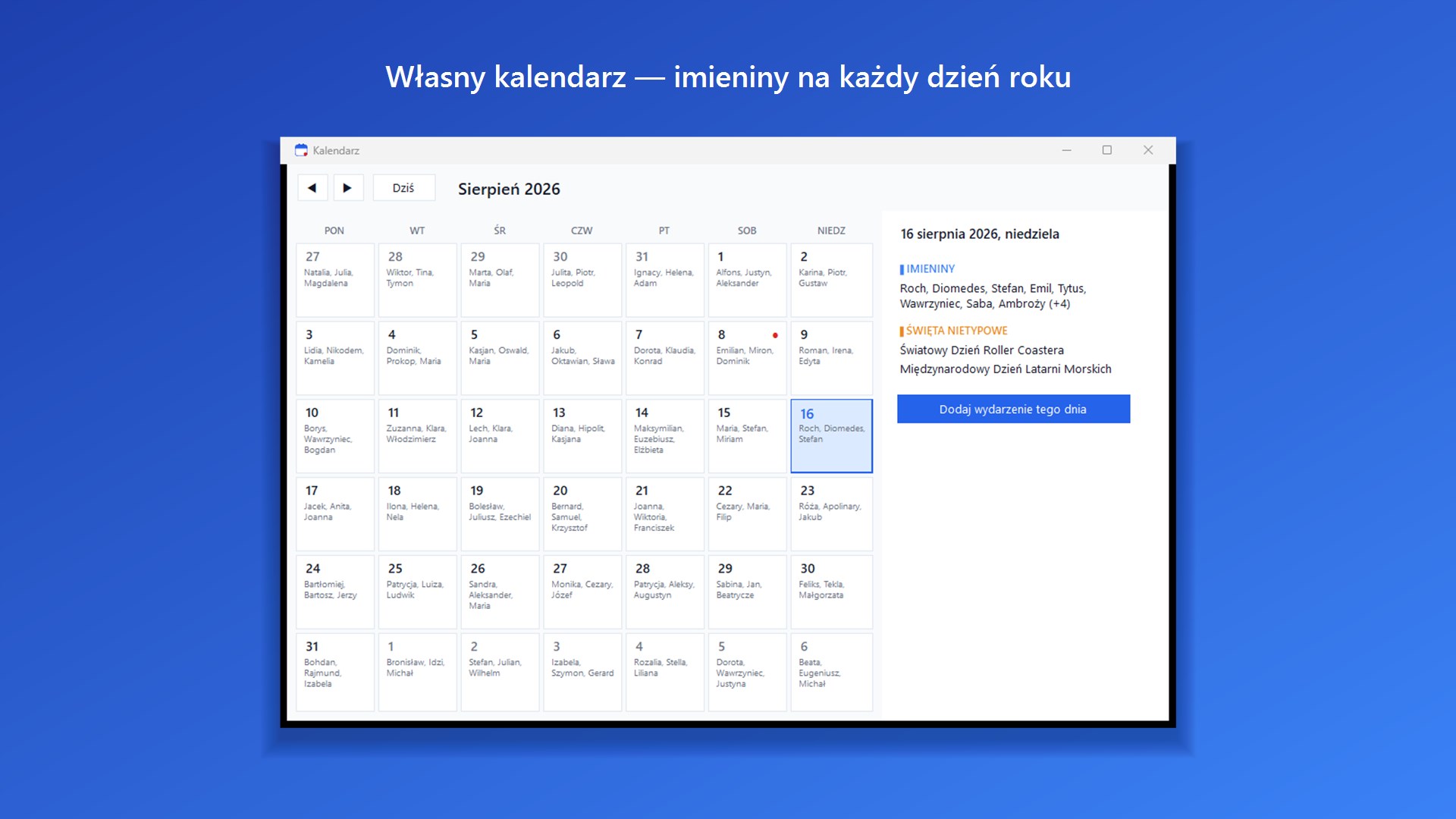 Zrzut ekranu aplikacji Imieniny i Rocznice
