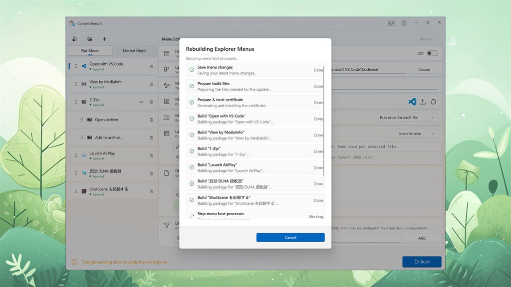 One-click Build dialog packaging menu changes and applying them to File Explorer
