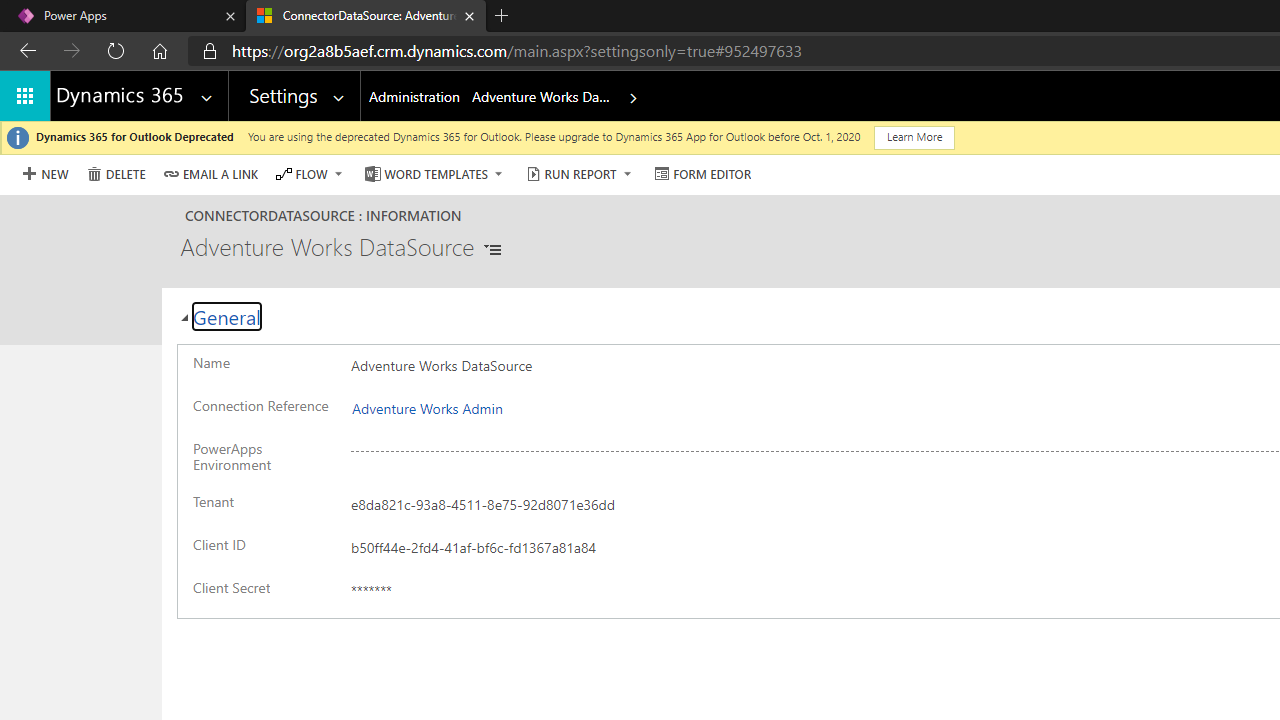 Snapshot 1 of Virtual connectors in Dataverse