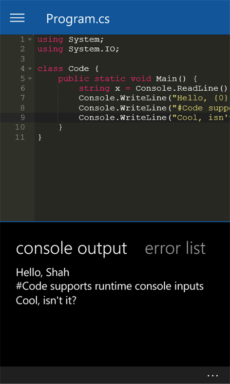Screenshot: Program with Runtime Input