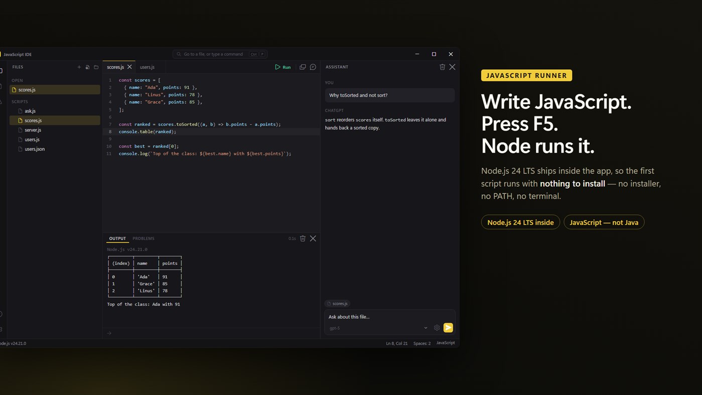 #1. Simple JavaScript Runner (Windows) De: EvlarSoft LLC