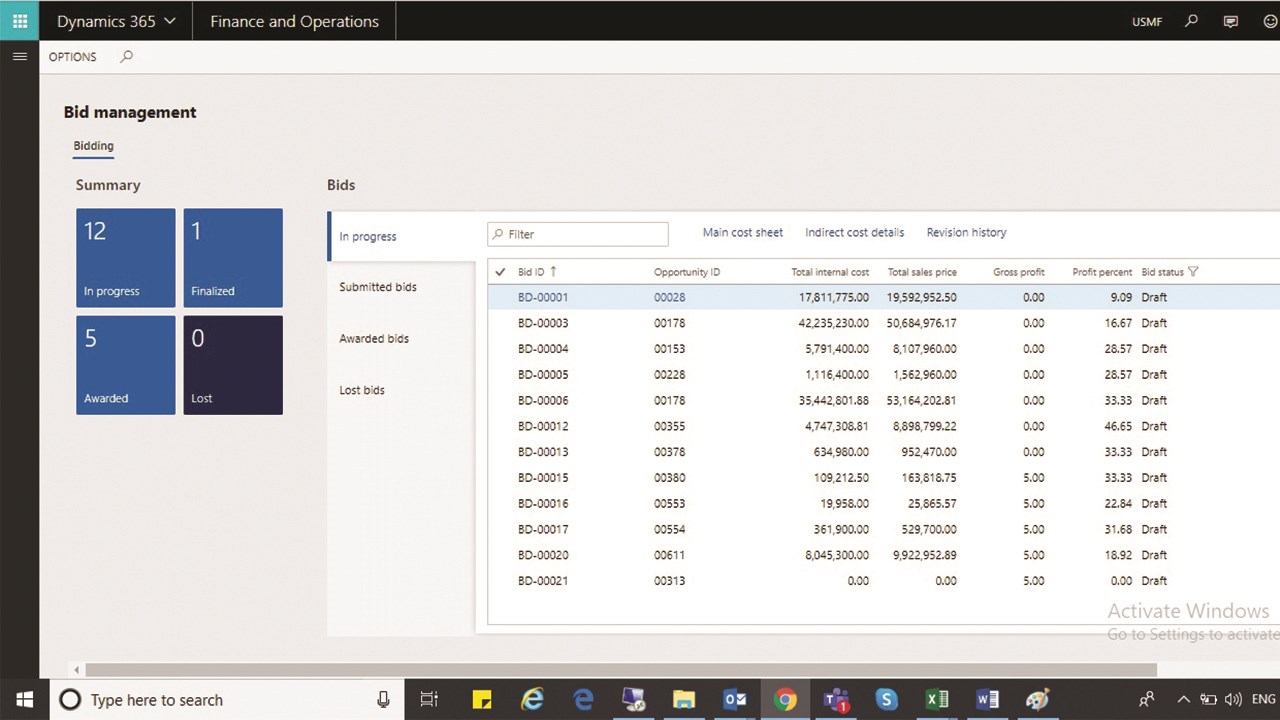 Snapshot 2 of Bid Management Software Powered by Microsoft Dynamics 365