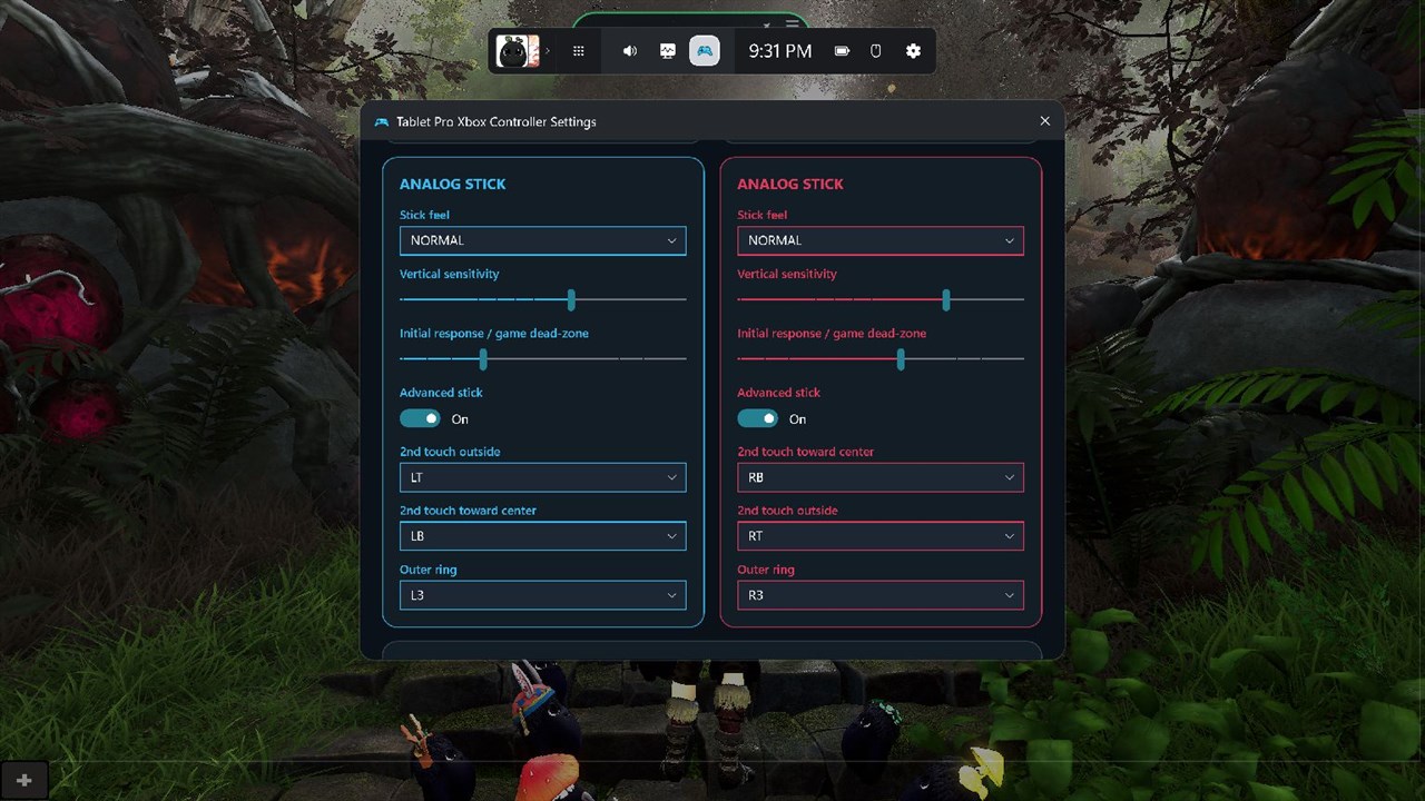 Actual dark Gamepad settings screen showing left and right gesture controls.