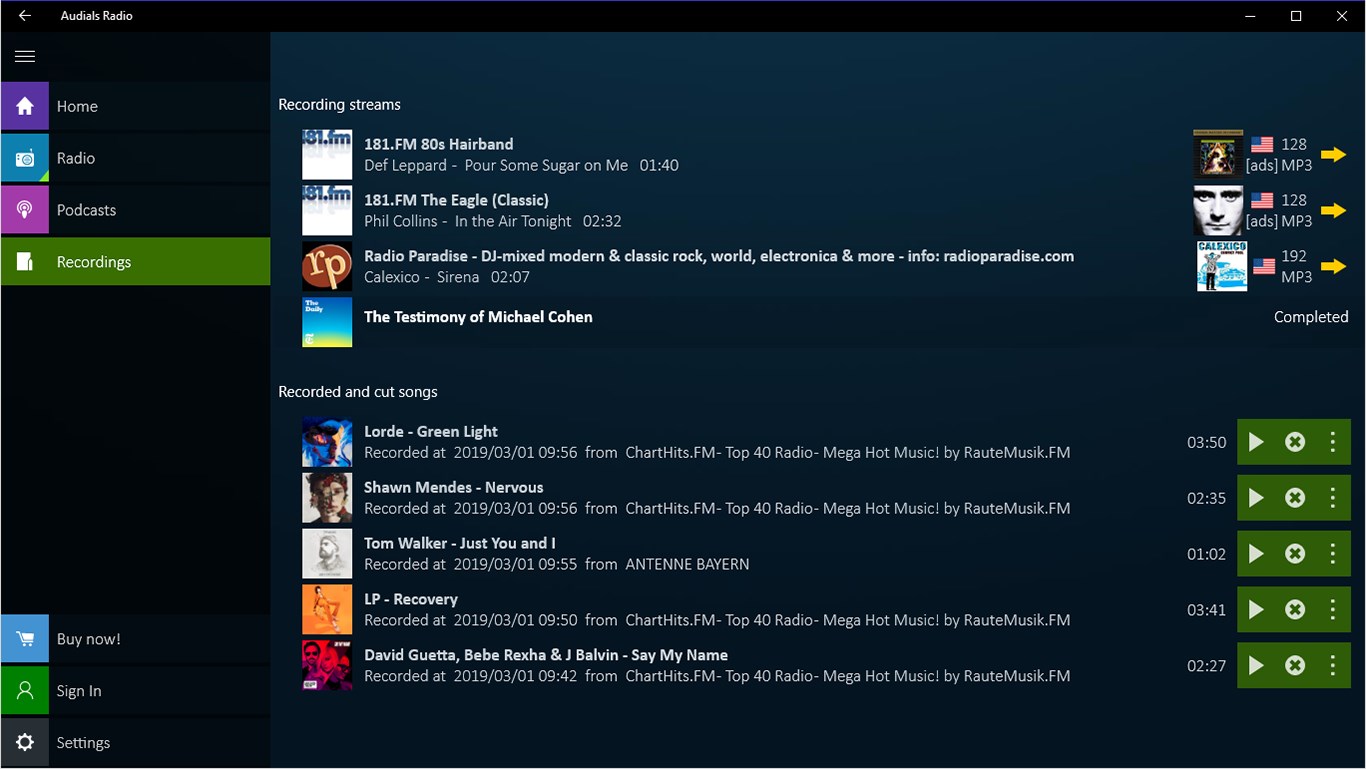 All saved music and podcasts are under the tab Recordings.