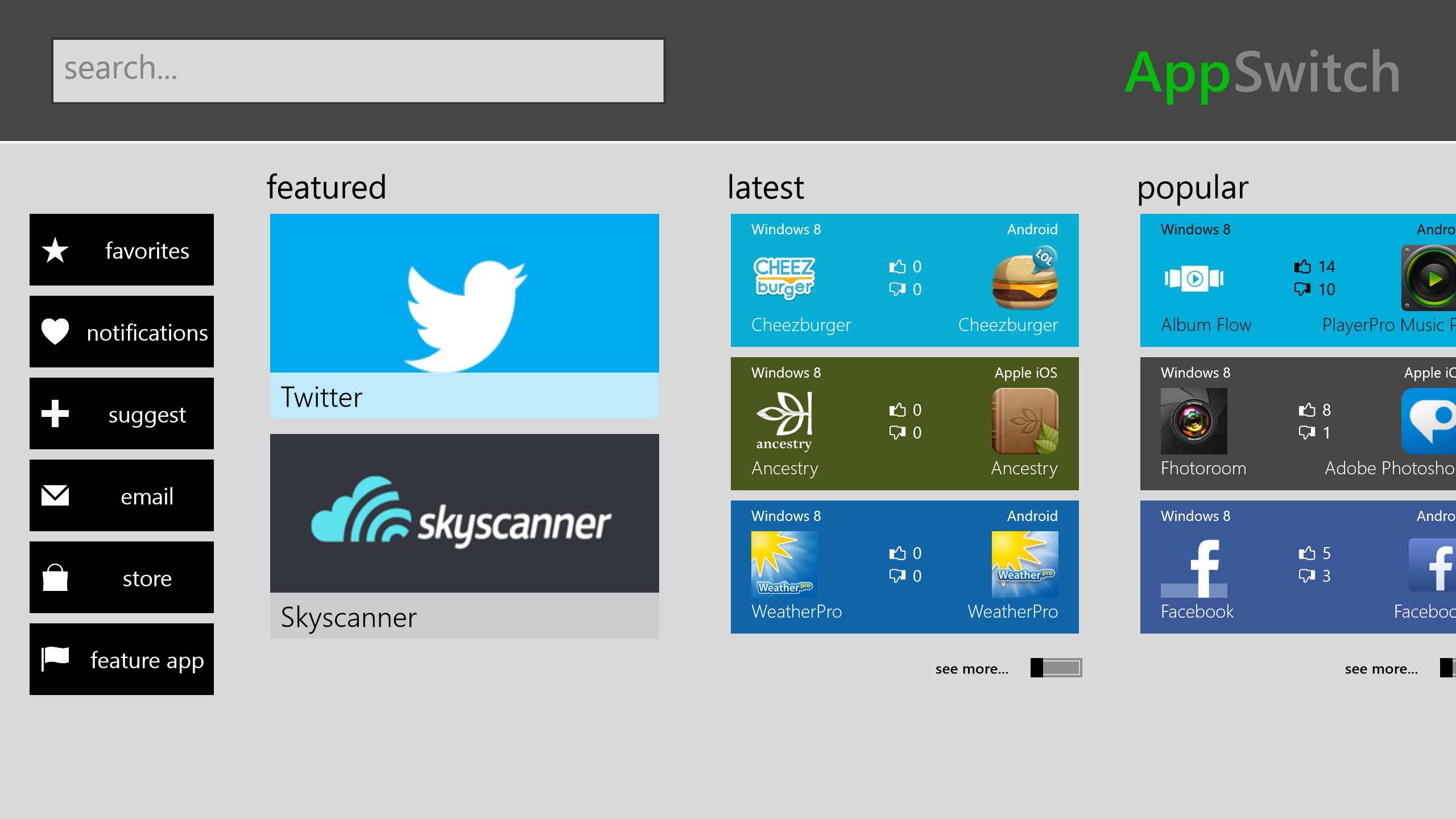 Use the main menu to browse matches and featured apps.