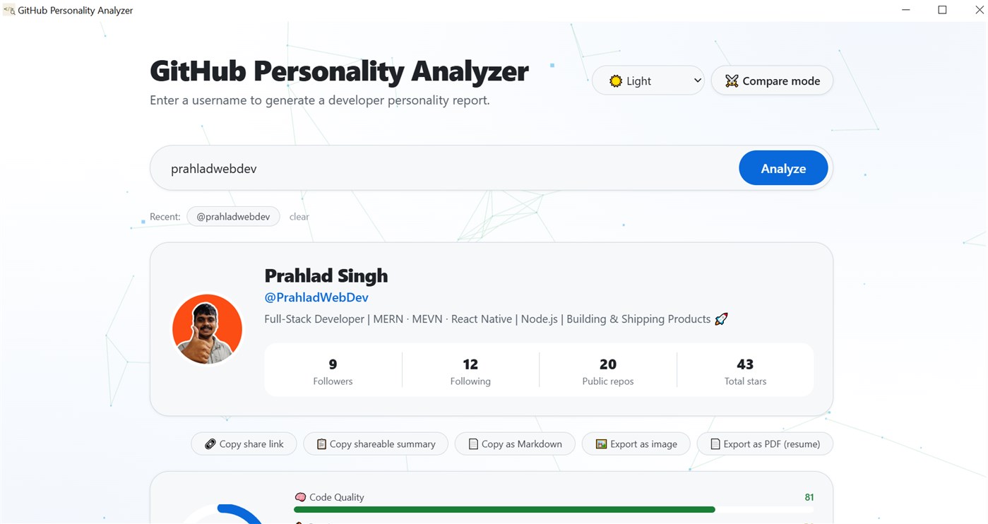#1. Github Profile Analyzer (Windows) 게시자: Prahlad Singh Labs