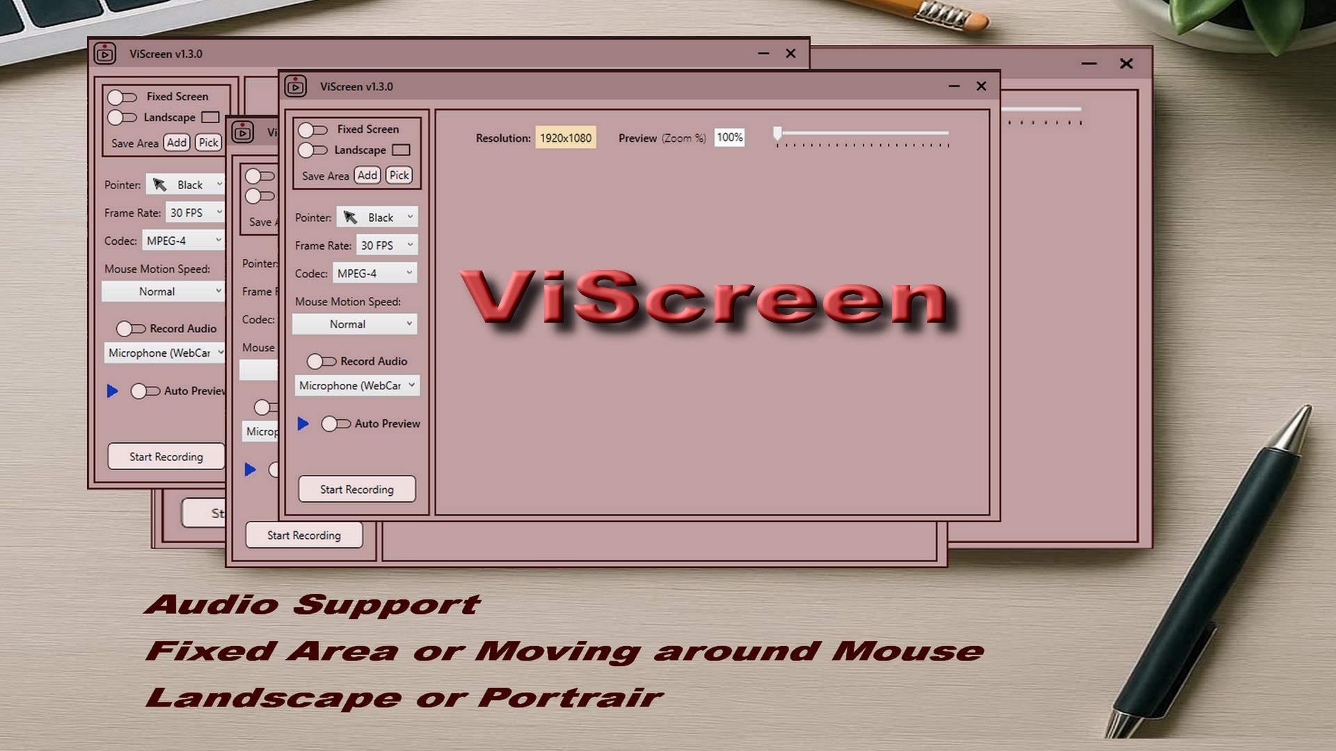 ViScreen on Windows with a fixed 9:16 portrait capture frame positioned over part of the desktop, ready to record vertical video.