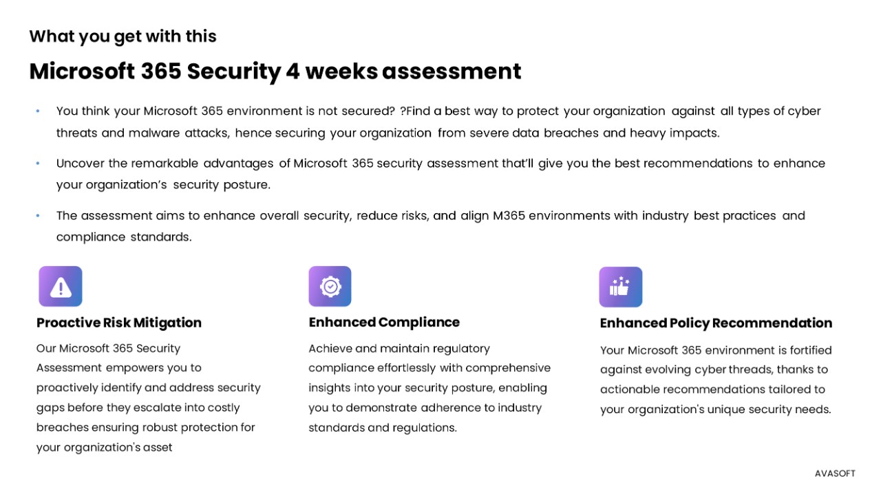 Snapshot 1 of AVASecure 360 - Microsoft 365 Security & Governance Solutions by AVASOFT