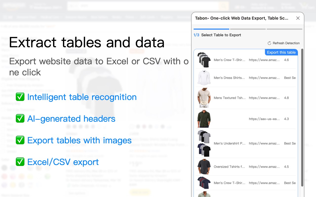 Tabon - One-Click Export Web Data, Web Scraper Table Download