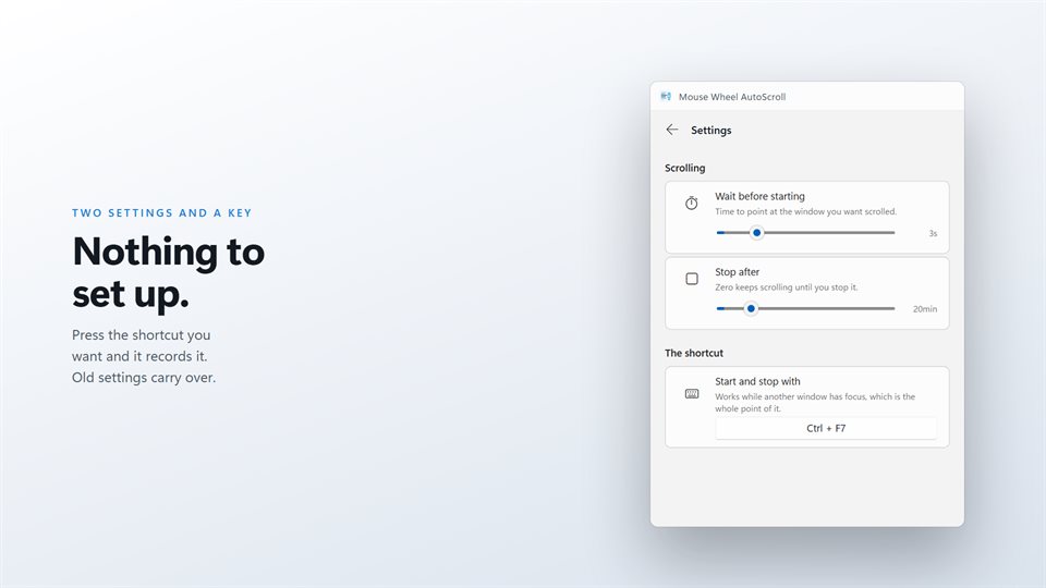 The settings page with the shortcut recorder, start delay and stop timer