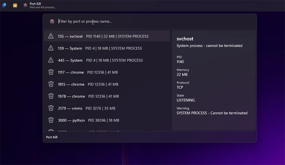 PortKill for Command Palette (Windows) Ved: JasonTiw