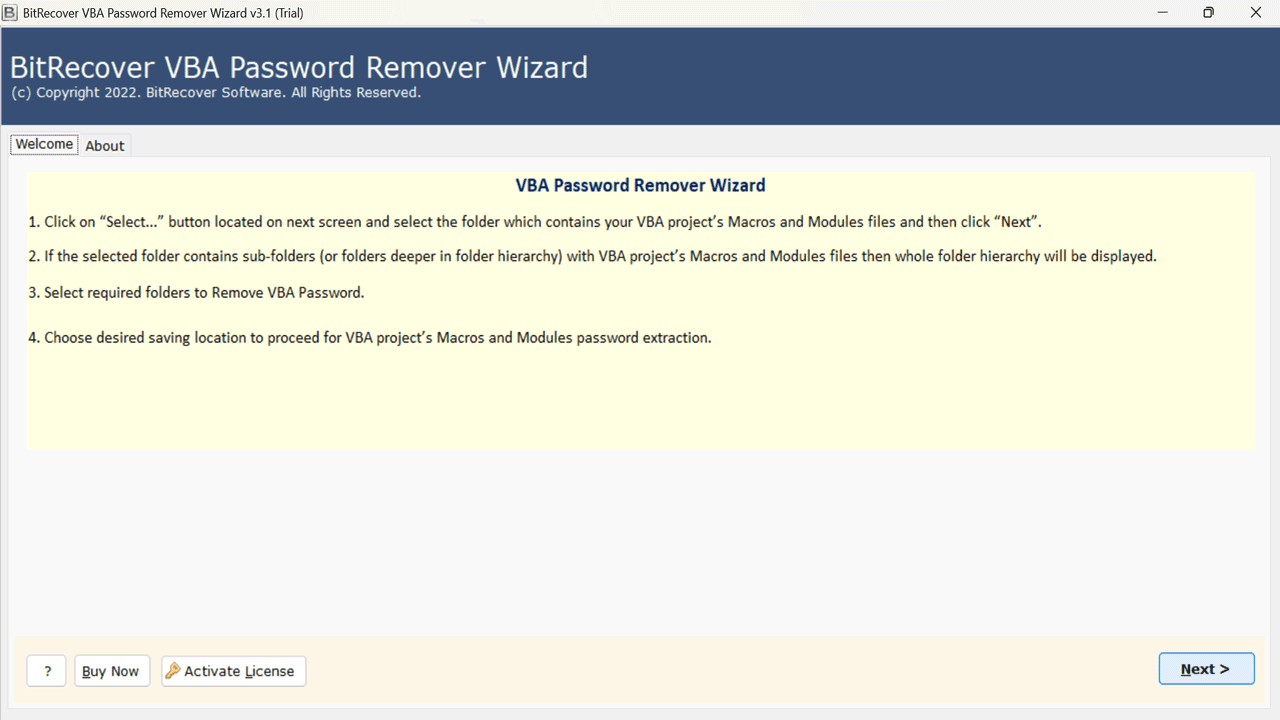 Snapshot 2 of BitRecover VBA Password Remover