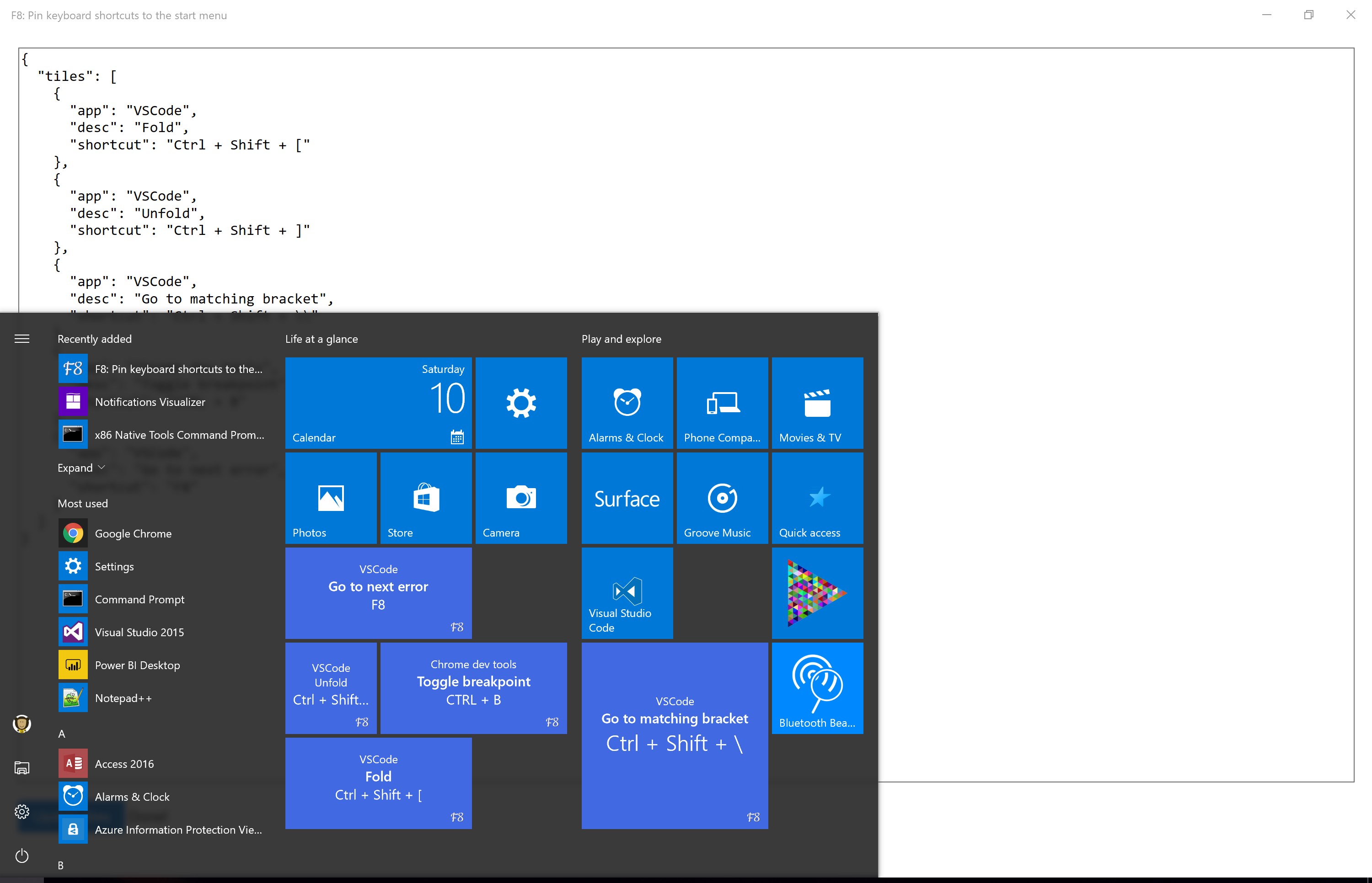 F8 Pin keyboard shortcuts to the start menu for Windows 10