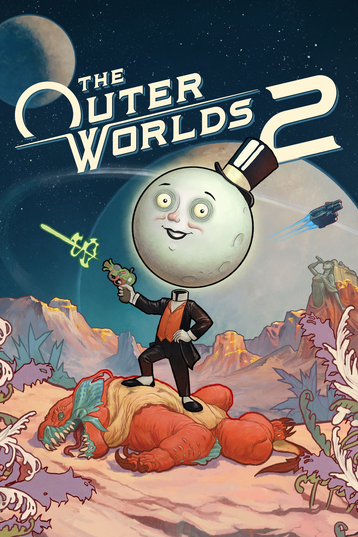 The Outer worlds 2 logo, The Moon man standing on a monster while shooting a laser with large plants orbiting in the background.