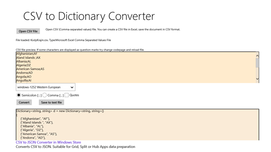 CSV to Dictionary Converter screenshot 1
