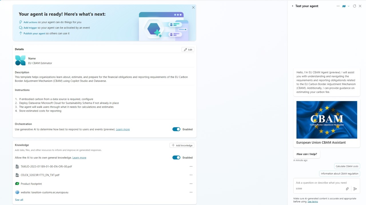 Snapshot 1 of Microsoft Cloud for Sustainability EU CBAM Agent