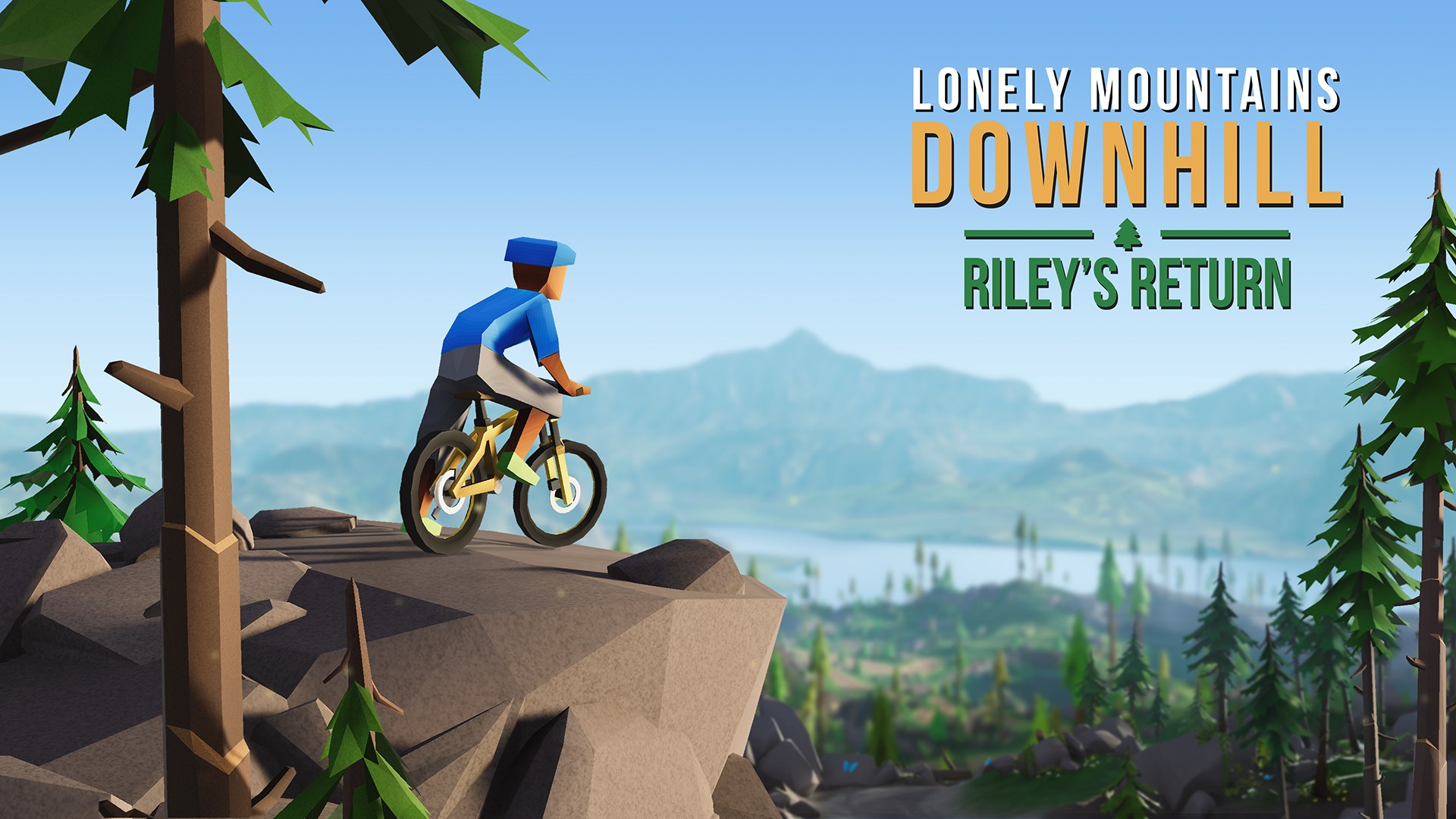 Keyartwork for Lonely Mountains: Downhill - Rileys Return. A mountain biker overlooks a forest