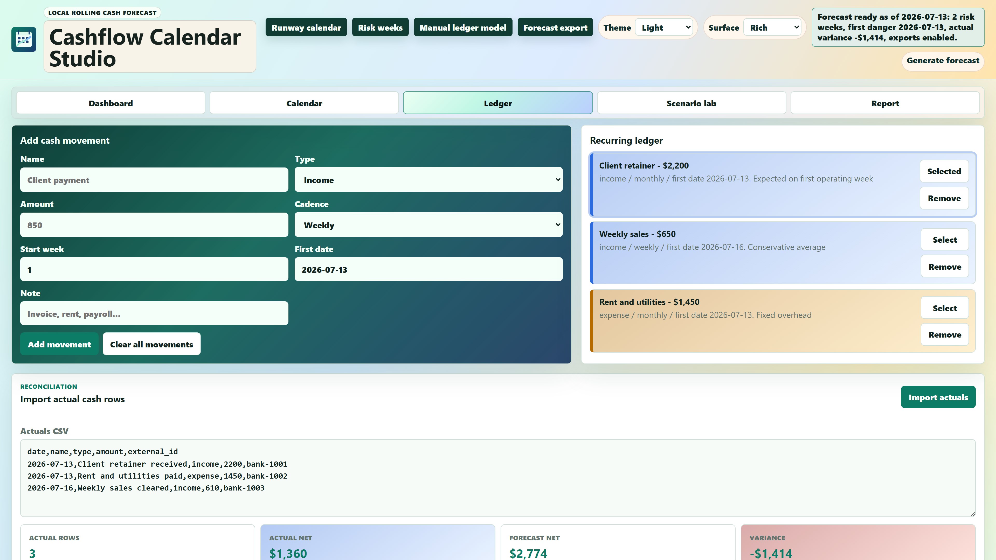 Cashflow Calendar Studio screenshot