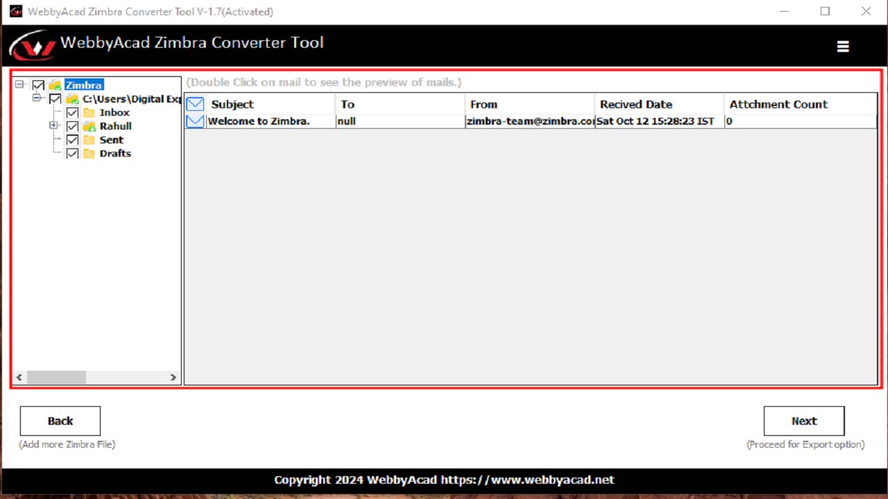 Snapshot 3 of WebbyAcad Zimbra Email Converter Software