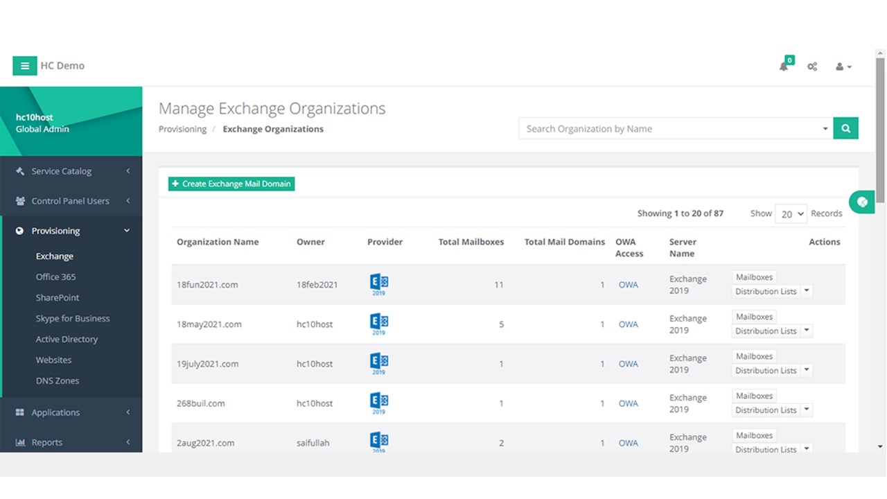 Snapshot 5 of Hosted Exchange Server Web Management Control Panel
