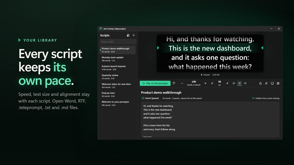 The script desk with a list of scripts, the editor and a preview of the glass