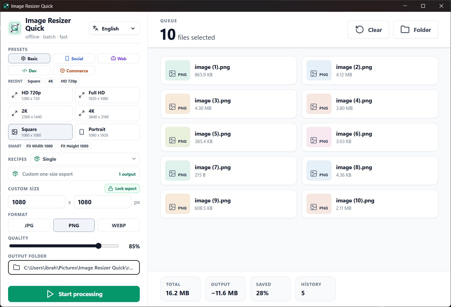 Image Resizer Quick batch processing screen