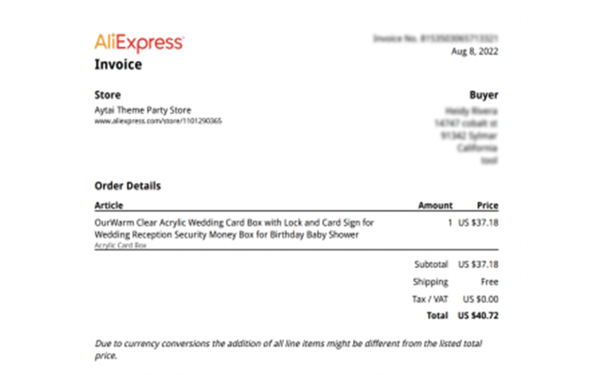 AliExpress Invoice - AliInfinity