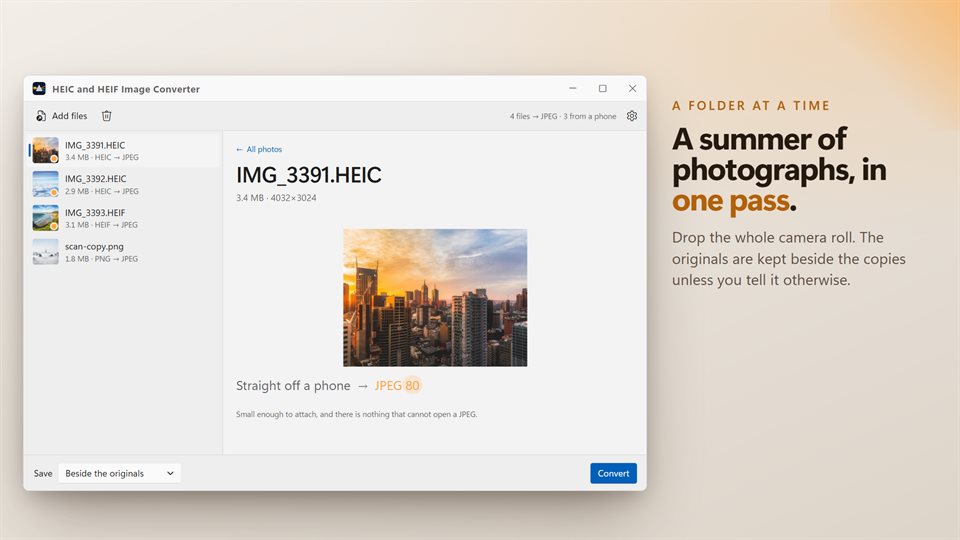 One photo opened in the converter, 4032 by 3024 pixels, about to become a JPEG