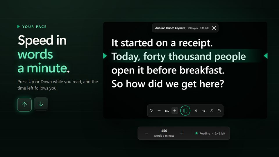 The prompter at 150 words a minute with 5:48 left and a green reading line