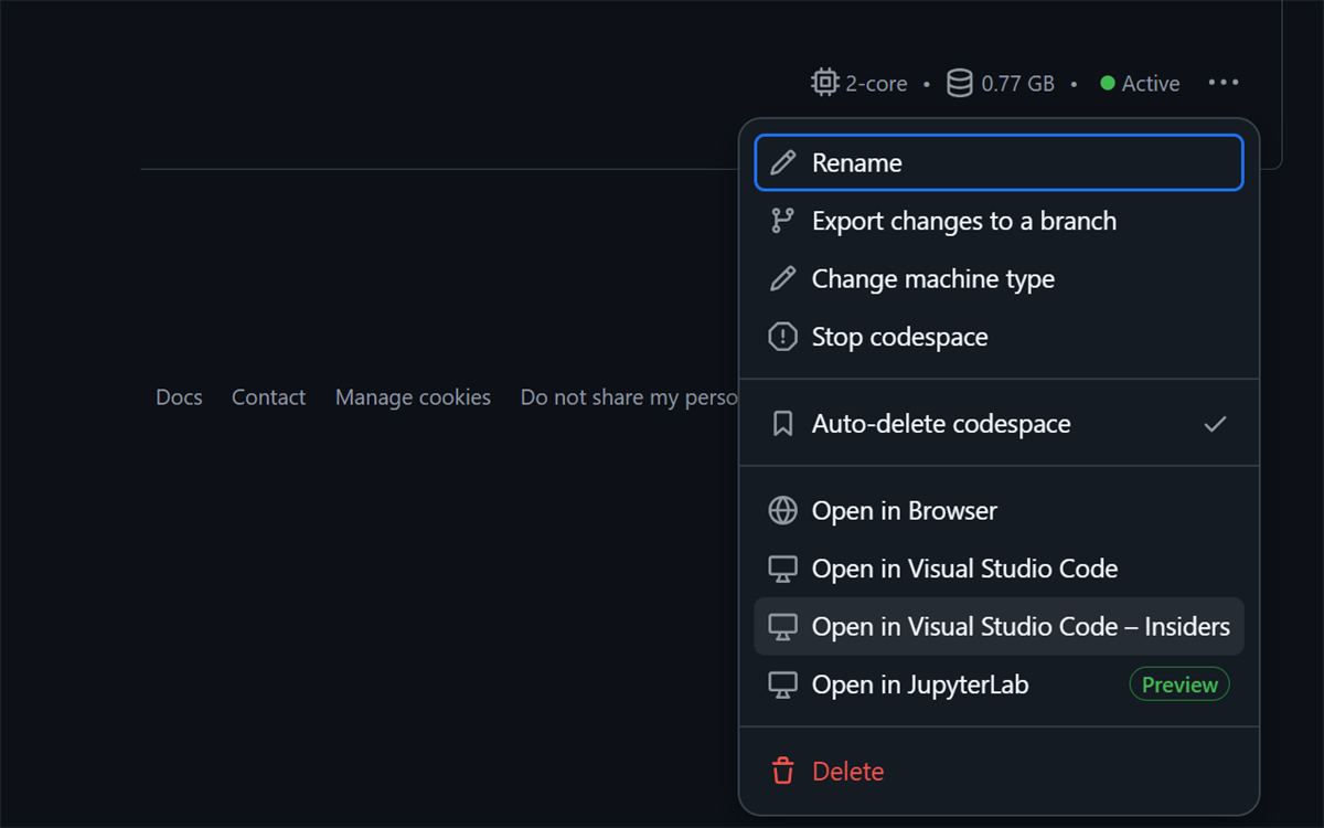 GitHub Codespaces – Open in VS Code Insiders