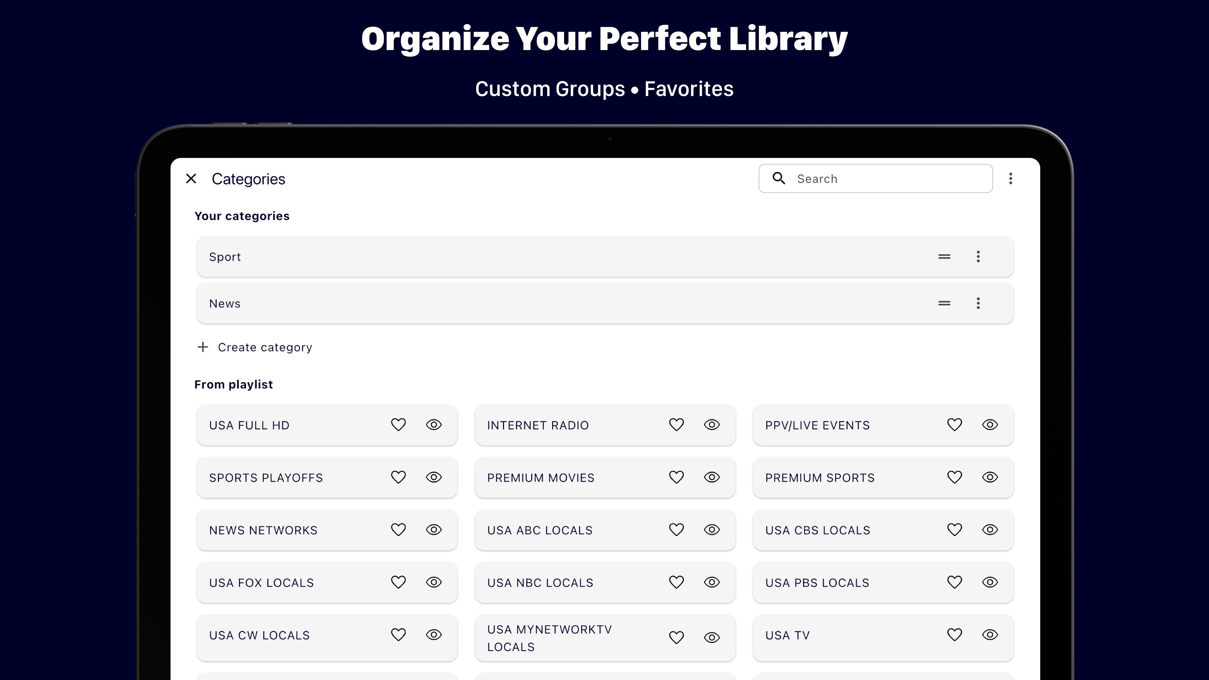 IPTV One — dark mode interface with TMDb metadata on Android
