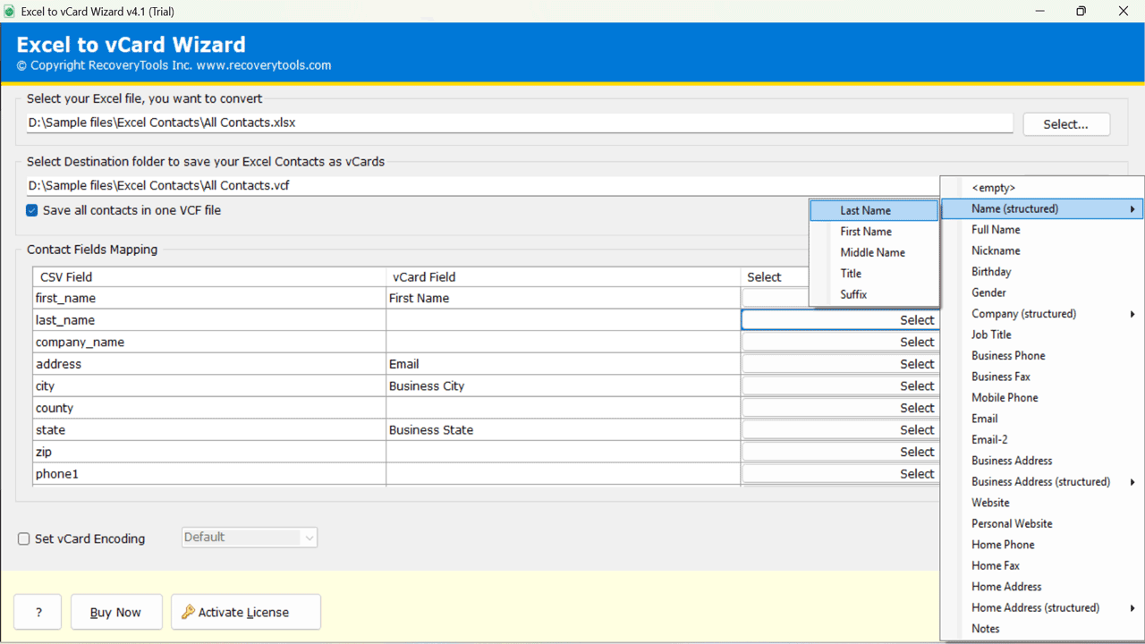 Snapshot 4 of RecoveryTools For Excel to vCard Converter