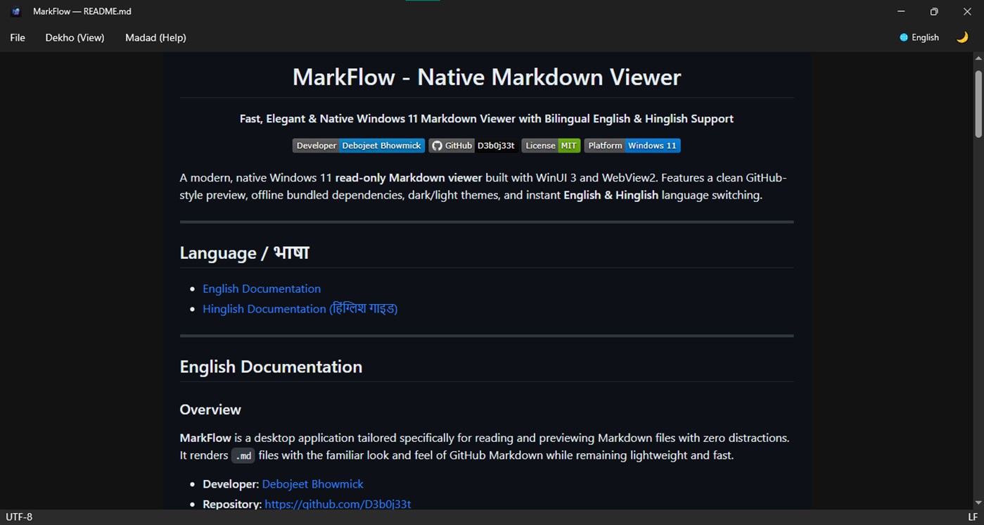 #1. MarkFlow - Native Markdown Viewer (Windows) Af: Debojeet Bhowmick