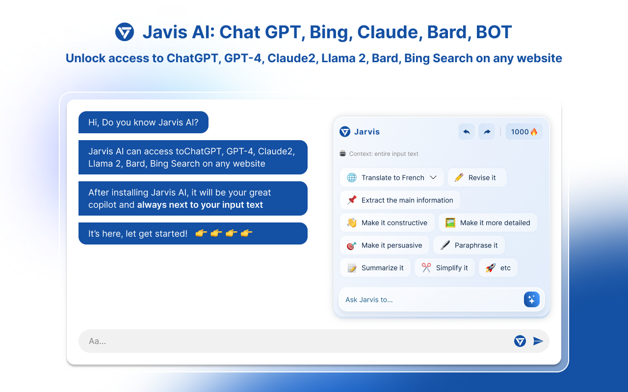 Jarvis AI: Chat GPT, Bing, Claude, Bard, BOT