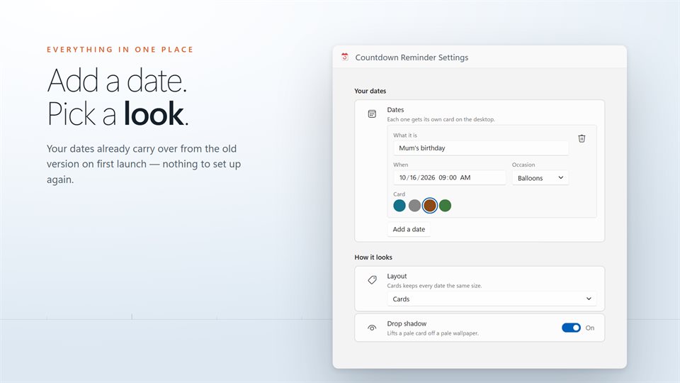The Countdown Reminder settings window with a list of dates and their colors