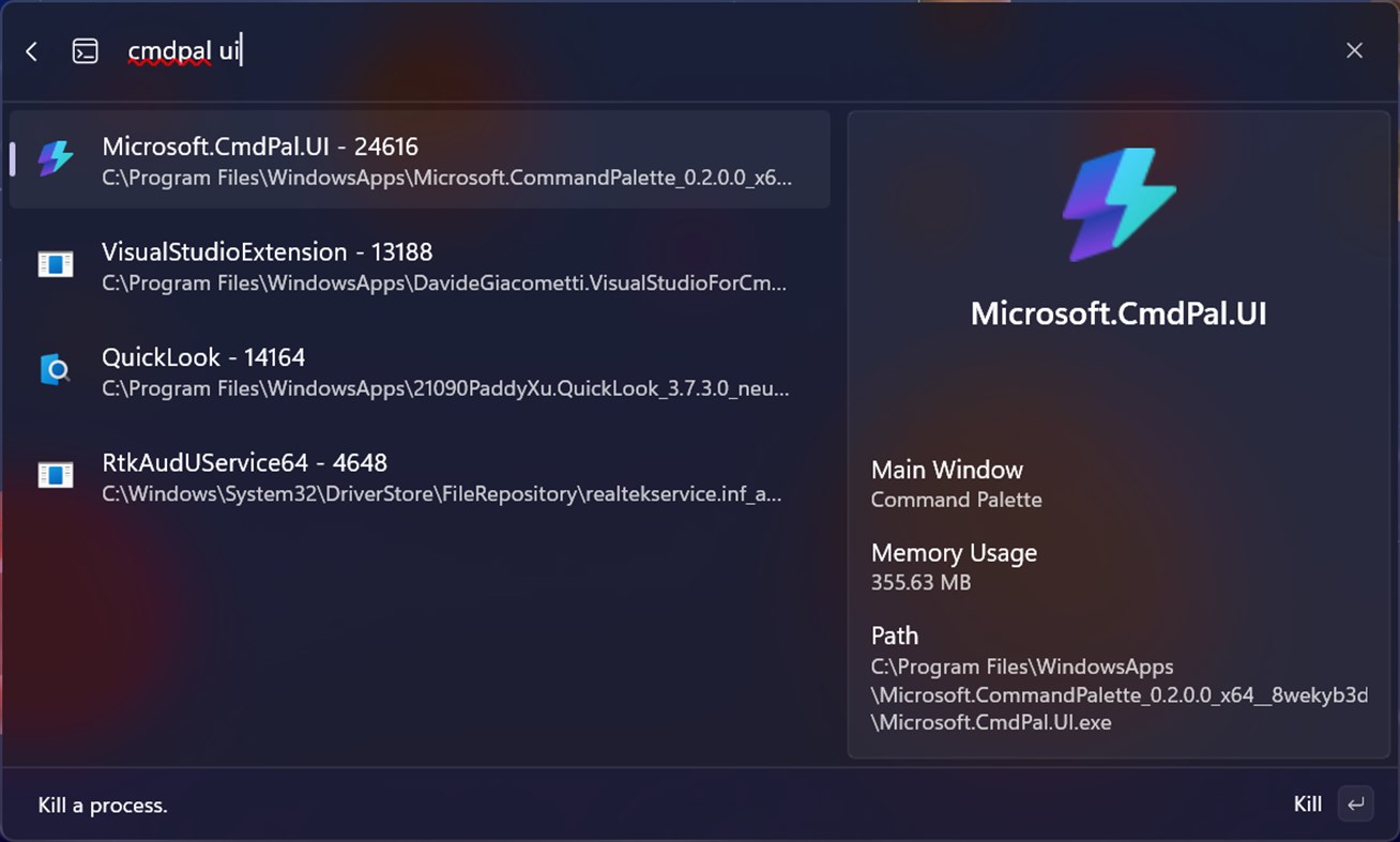 #1. Process Killer for Command Palette (Windows) By: 8LWXpg