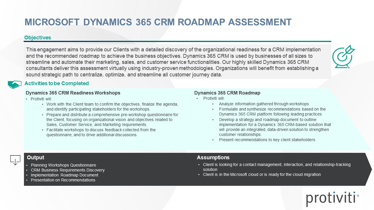 Snapshot 1 of Microsoft Dynamics 365 CRM Roadmap - 6 Week Assessment