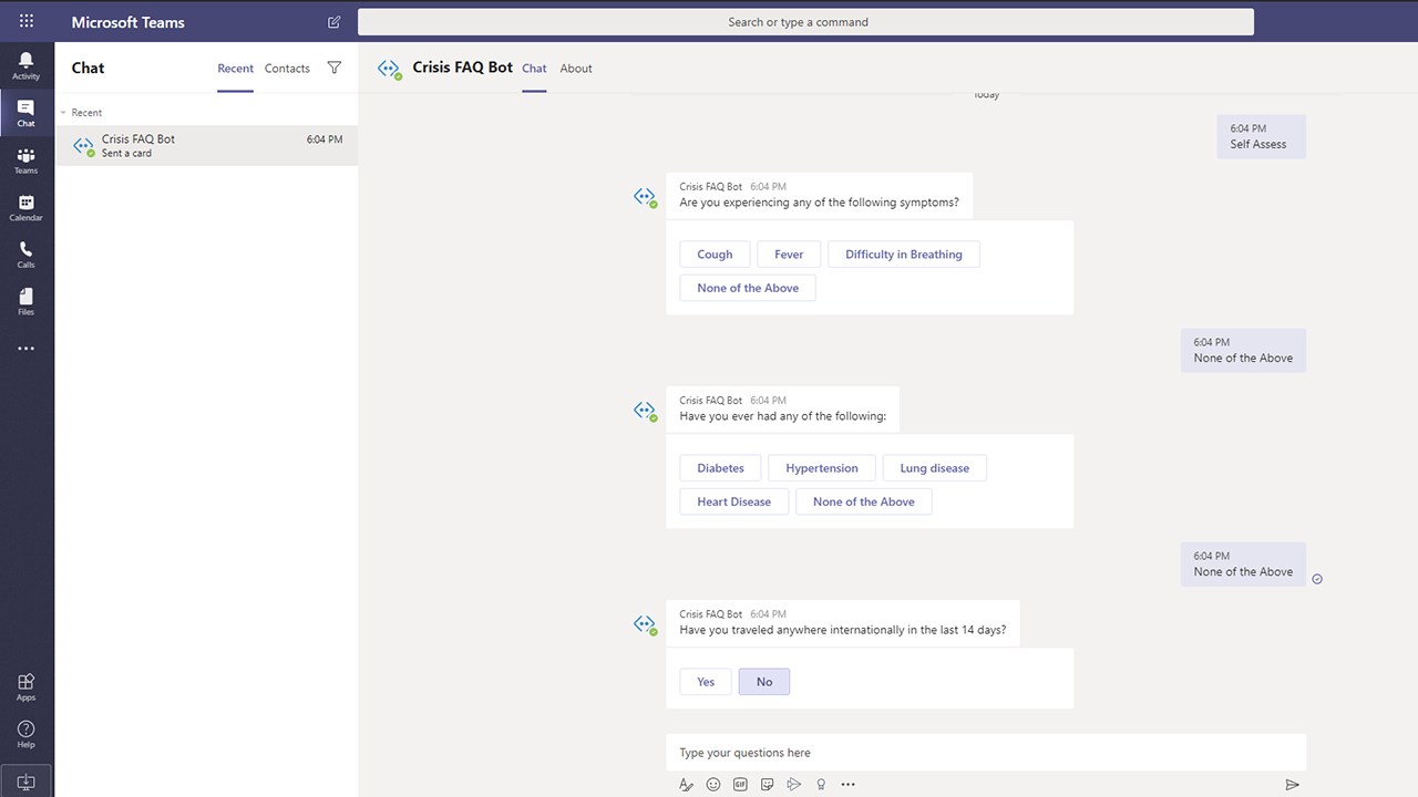 Snapshot 1 of Crisis FAQ Bot App Service: 2-Wk Implementation