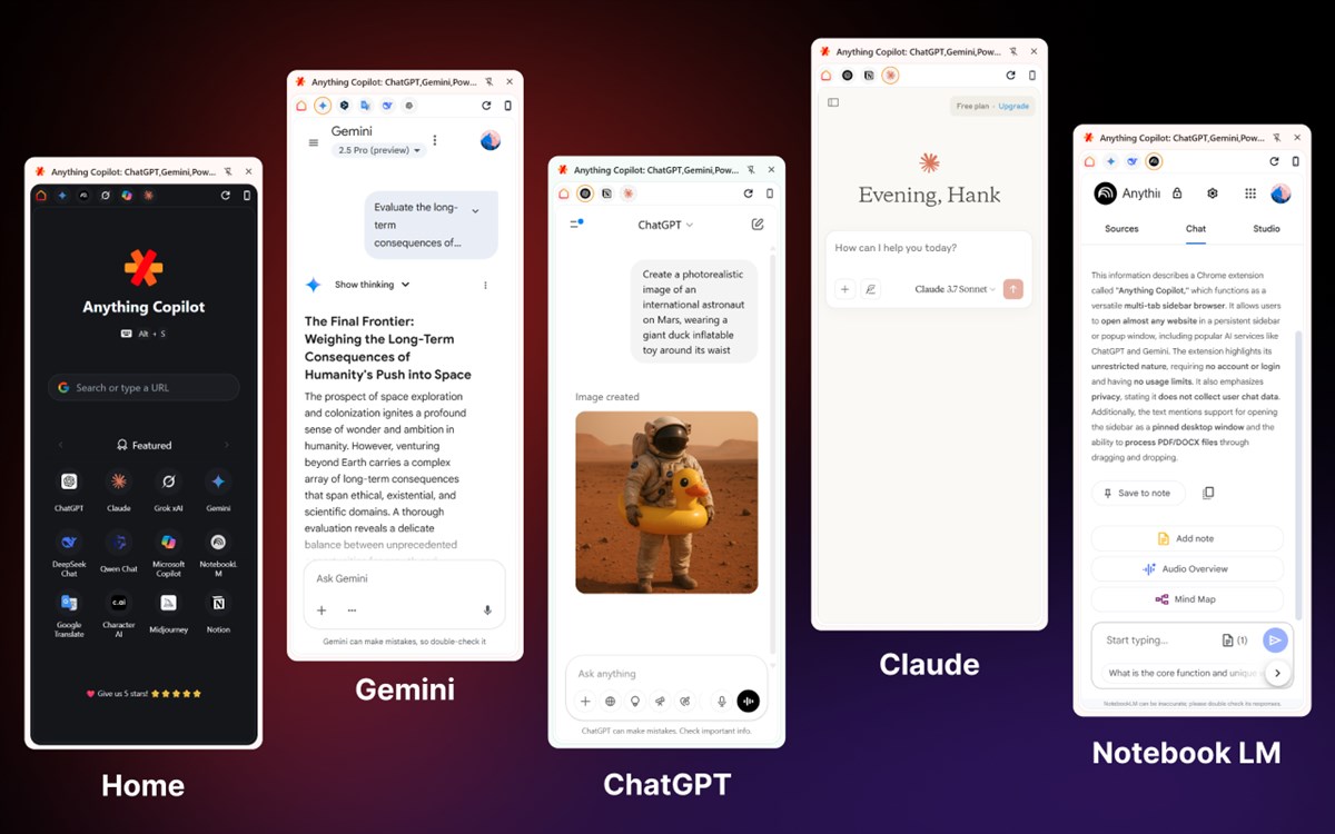 Anything Copilot: AI, Multi-tab Sidebar, Split-Screen