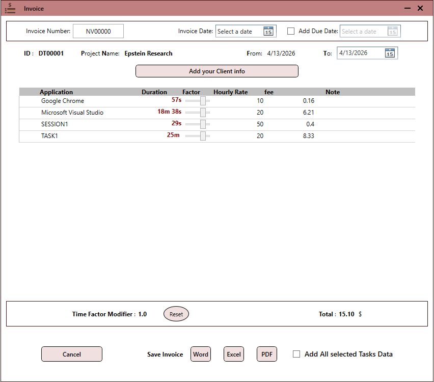 Taskool’s project view on Windows, showing several client projects side by side with their own hourly rates and accumulated billable time.