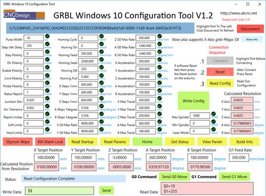 GRBL Windows 10 Configuration Tool screenshot 1