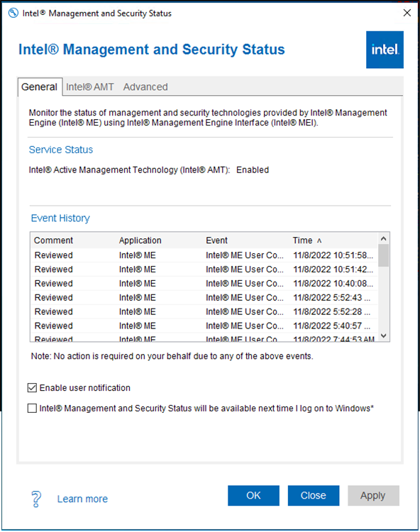 Intel(R) Management and Security Status - PC - (Windows)