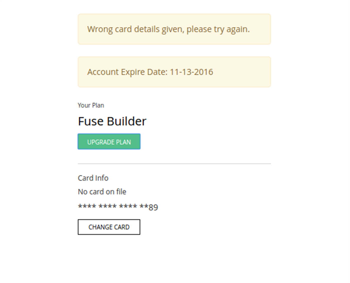 Check information card and try again. Check information card and try again